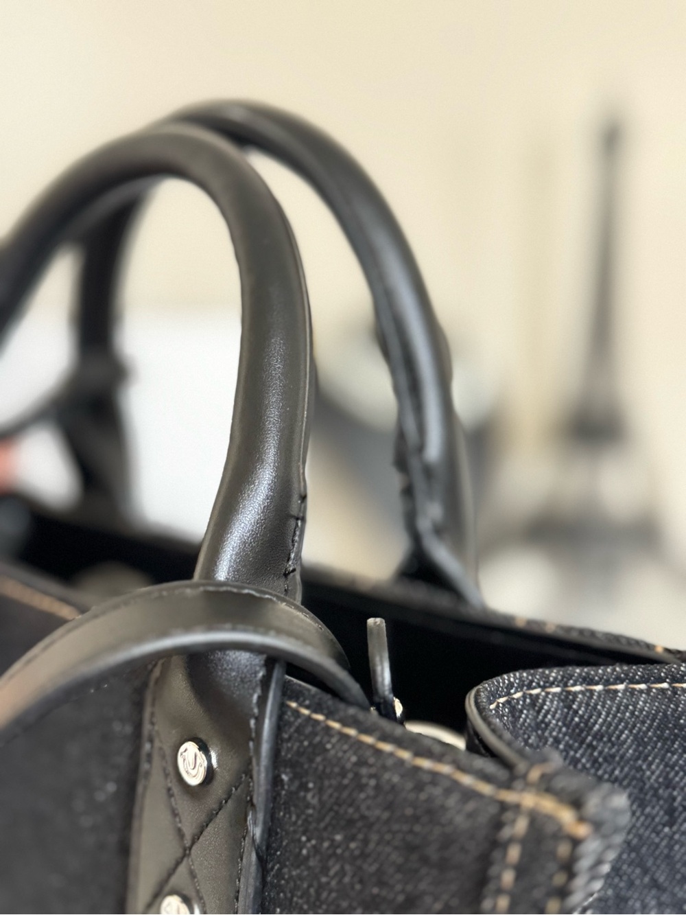 True Religion Black Denim Satchel with Leather Trim and Logo Stitching - Picture 4 of 11